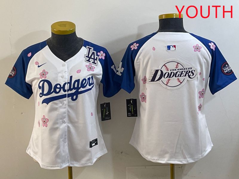 Youth Los Angeles Dodgers Blank White Blue Sakura Edition 2025 Nike MLB Jersey style 27->youth mlb jersey->Youth Jersey